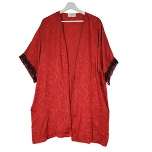 Vintage Valentino Kimono Robe Womens Medium Red Damask Jacquard Lace Trim
